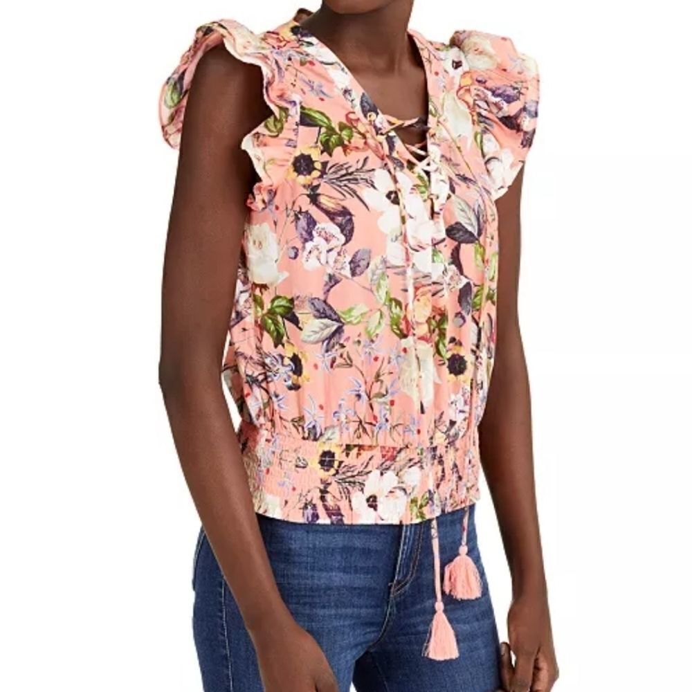 INC Floral-Print Lace-Up Ruffle-Sleeve Blouse